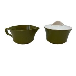 Vintage Olive Green Creamer and Sugar Bowl Set Mid‎ Century Kitchen Decor